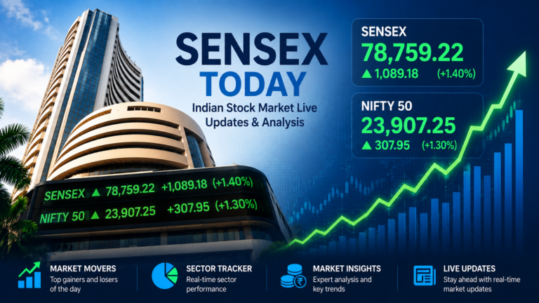 Sensex Today featured image showing the BSE building with a bullish stock market trend and market rally concept