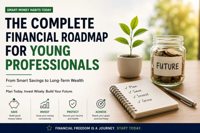 Young professional personal finance featured image with savings jar, growing plant and investment roadmap concept