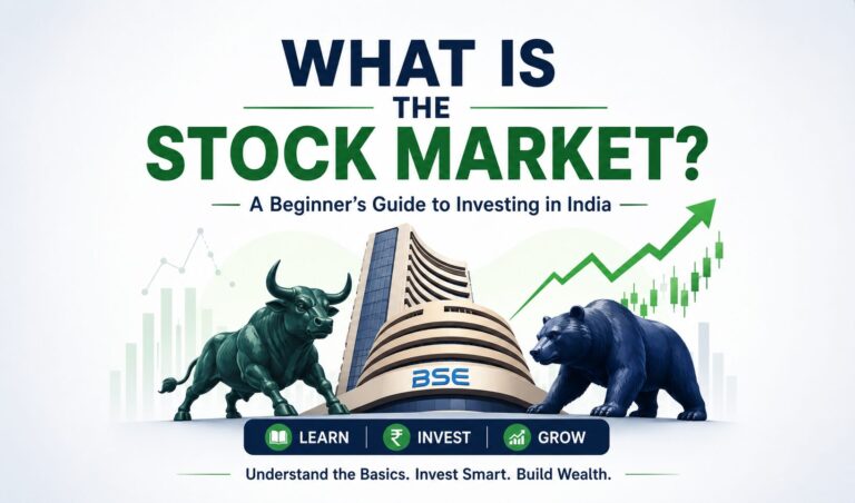 What is the stock market featured image showing the BSE building, bull and bear market symbols with an upward stock market chart