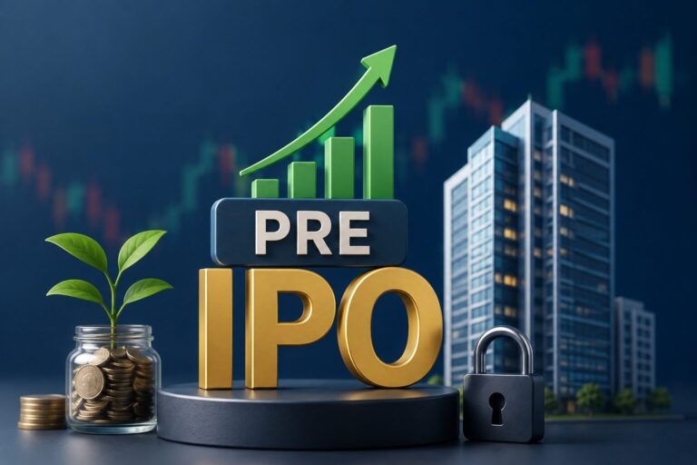 Pre-IPO investing in India illustration showing an unlisted company progressing toward an IPO with investment growth and stock market elements.