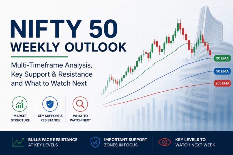 Nifty 50 Weekly Outlook showing market structure, key support and resistance levels, and multi-timeframe technical analysis.