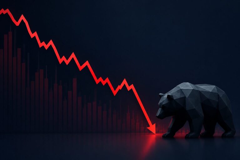 Stock market crash illustration showing a falling market chart and a bear representing a global market downturn.