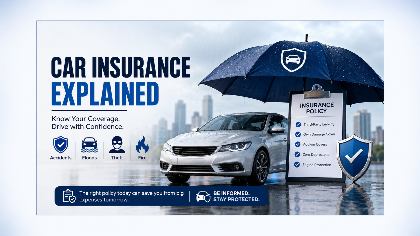 Car insurance explained with a silver car, insurance policy checklist, shield icon and coverage symbols for accidents, floods, theft and fire.