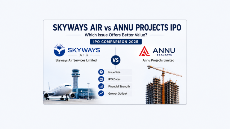 Skyways Air vs Annu Projects IPO comparison showing an aircraft and airport on one side and infrastructure construction on the other.