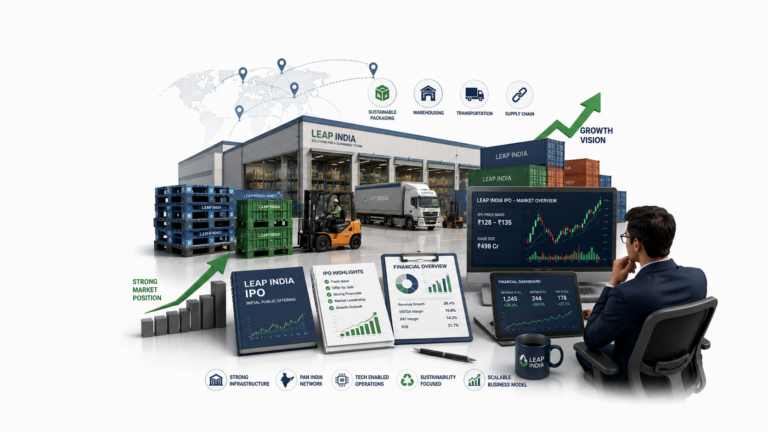 Leap India IPO illustration showing logistics warehouse, reusable pallets, supply chain network and IPO analysis