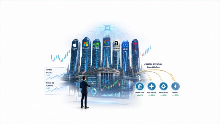 Magnificent 7 Stocks illustration showing Wall Street, AI technology companies and market rotation beyond Big Tech