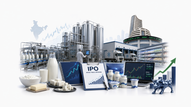 Milky Mist IPO analysis showing dairy manufacturing, financial charts and Indian stock market