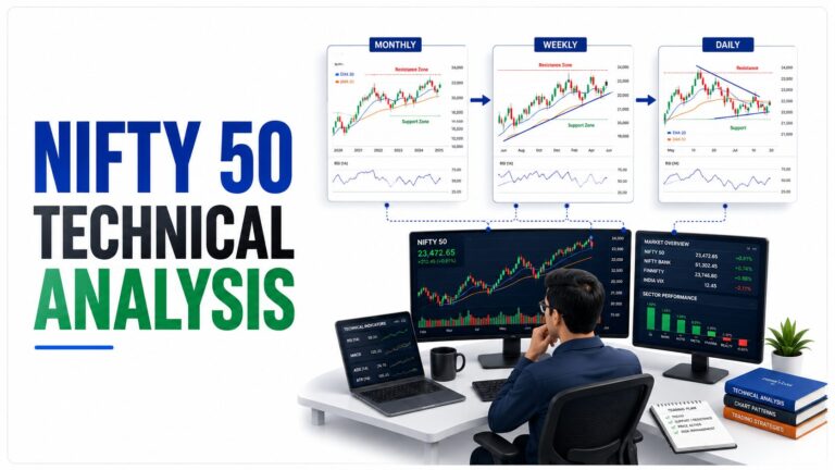 Nifty 50 Technical Analysis using Monthly, Weekly and Daily charts with EMA and trendline analysis