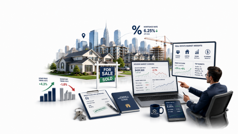 Real Estate in the US illustration showing homes, mortgage documents, housing market trends and property investment