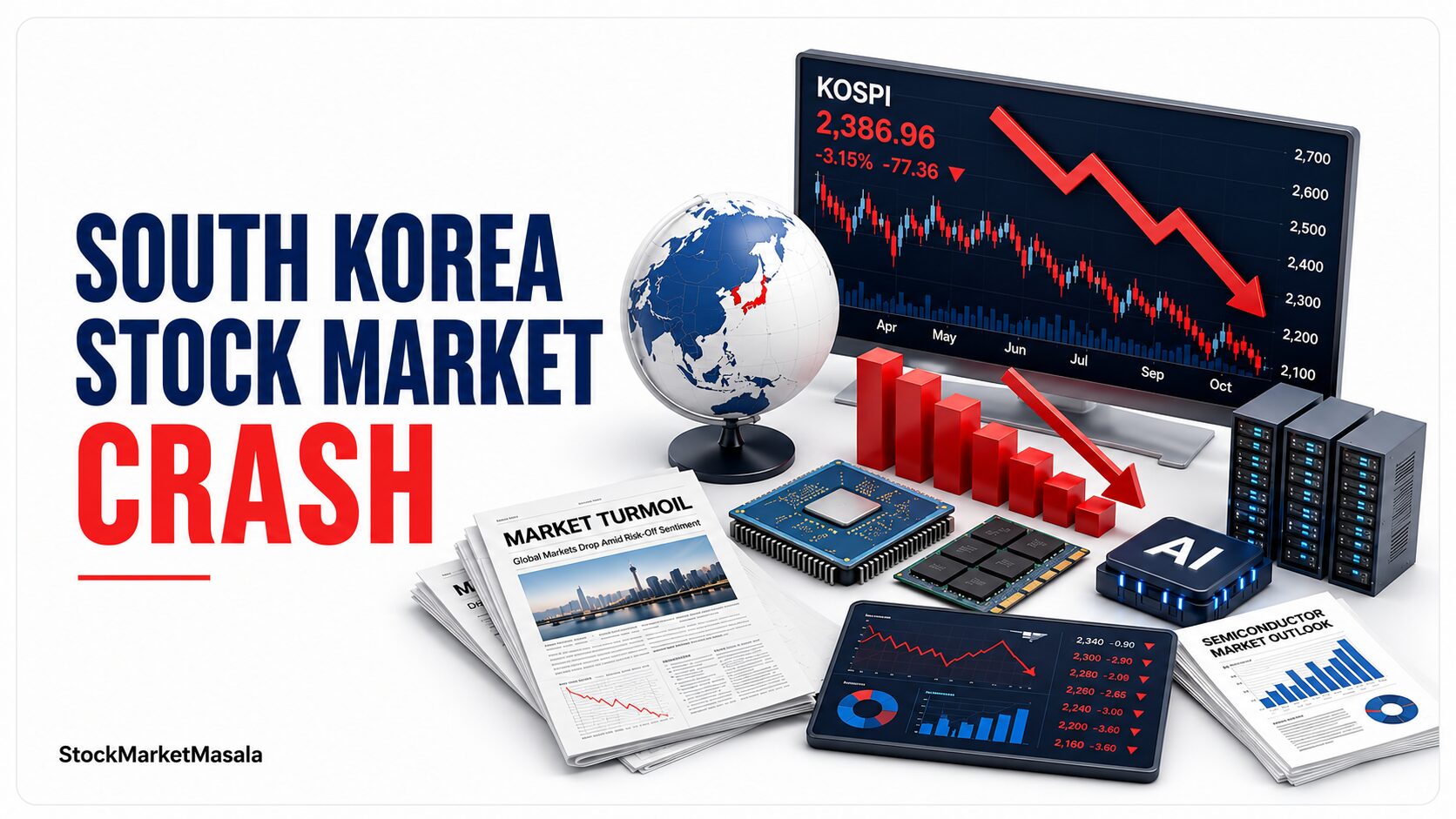 South Korea stock market crash showing falling KOSPI index and semiconductor stocks