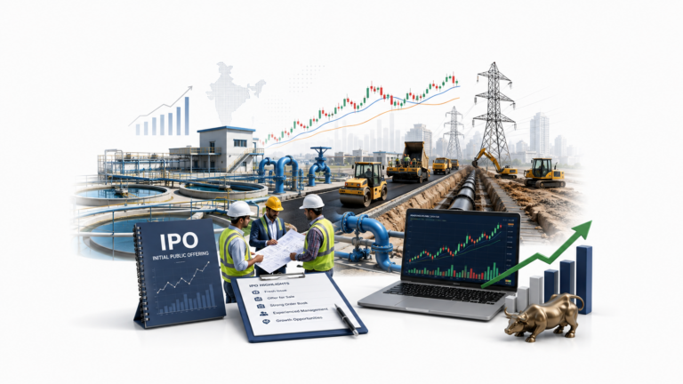 Technocraft Ventures IPO illustration showing infrastructure projects, water treatment and financial market analysis