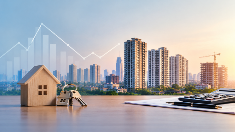 India real estate market with high-rise residential buildings, construction activity, house keys, calculator and financial market chart