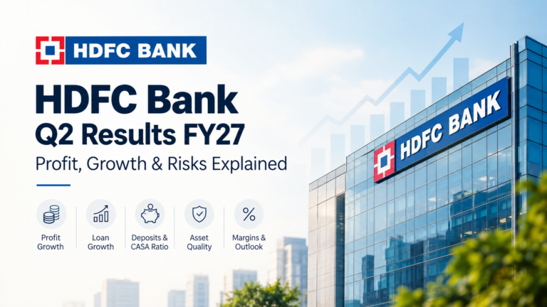 HDFC Bank Q2 Results FY27 banner featuring a modern bank building, financial growth graphics, and key themes including profit growth, loans, deposits, asset quality and margins.