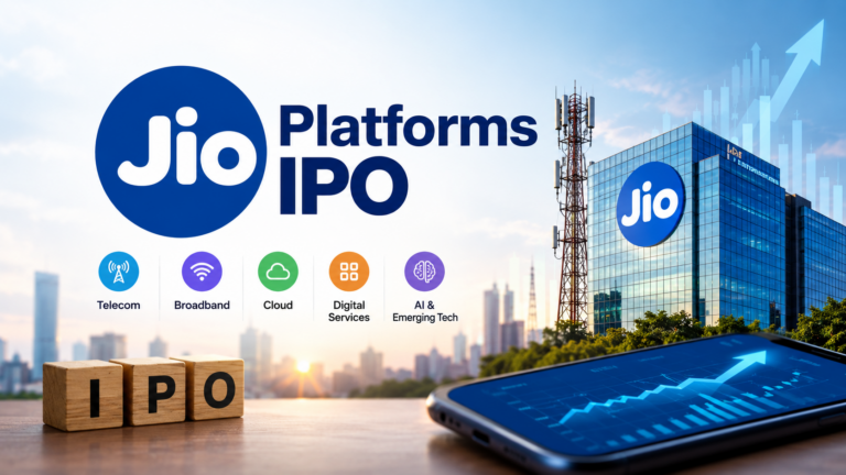 Jio Platforms IPO concept featuring the Jio logo, telecom tower, corporate building, digital services icons and a rising financial chart.