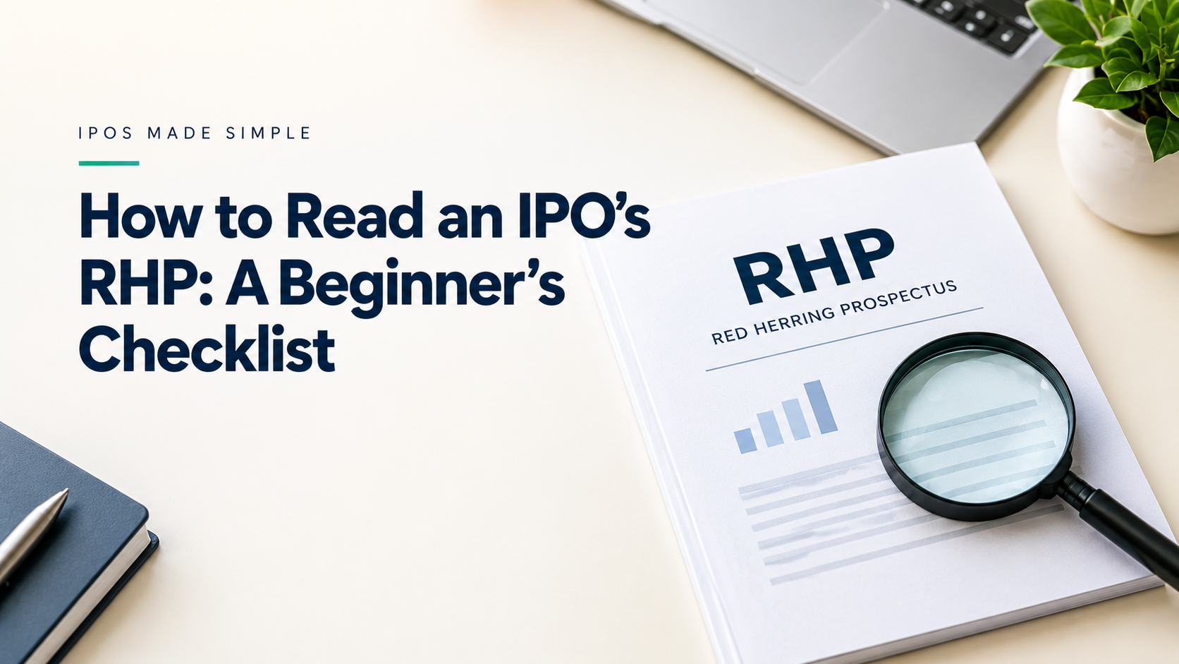 Header image for a beginner’s guide to reading an IPO Red Herring Prospectus (RHP), featuring an RHP document and magnifying glass.
