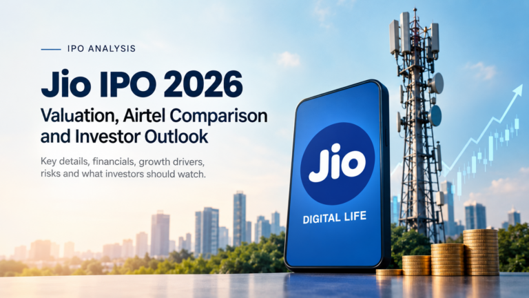 Jio IPO 2026 graphic featuring the Jio logo, telecom tower, rising stock chart and gold coins